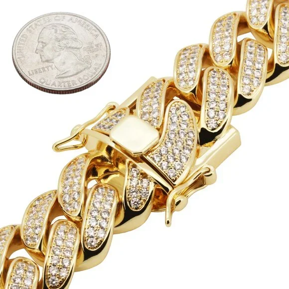 14k Yellow/White GP AAA CZ 24mm Cuban Link Chain Necklace Bracelet 9”-30”
